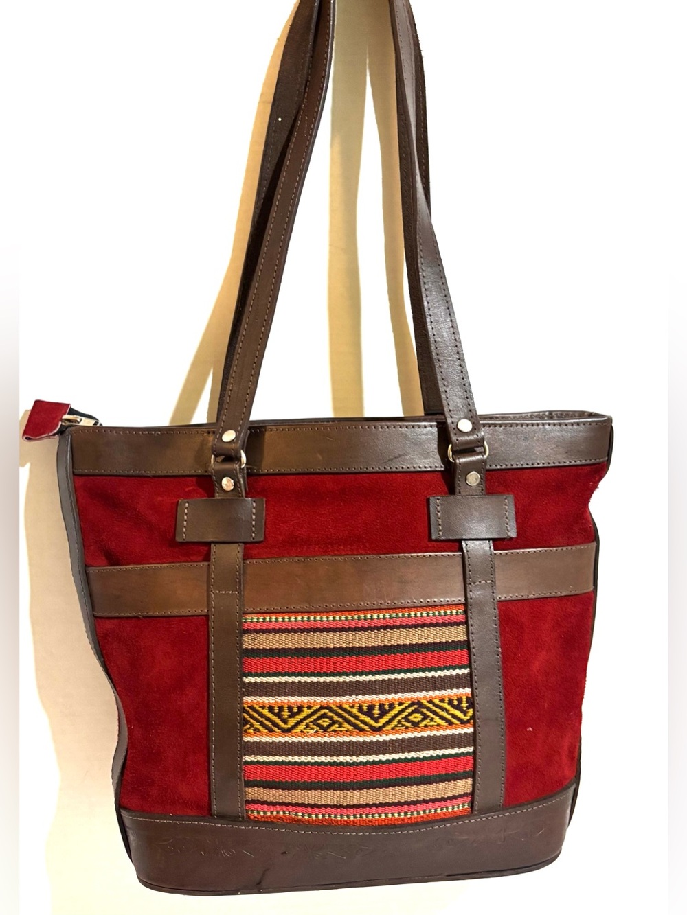 Handmade vintage Women’s Red Suede & Brown Leather Tote bag with Tribal Accent